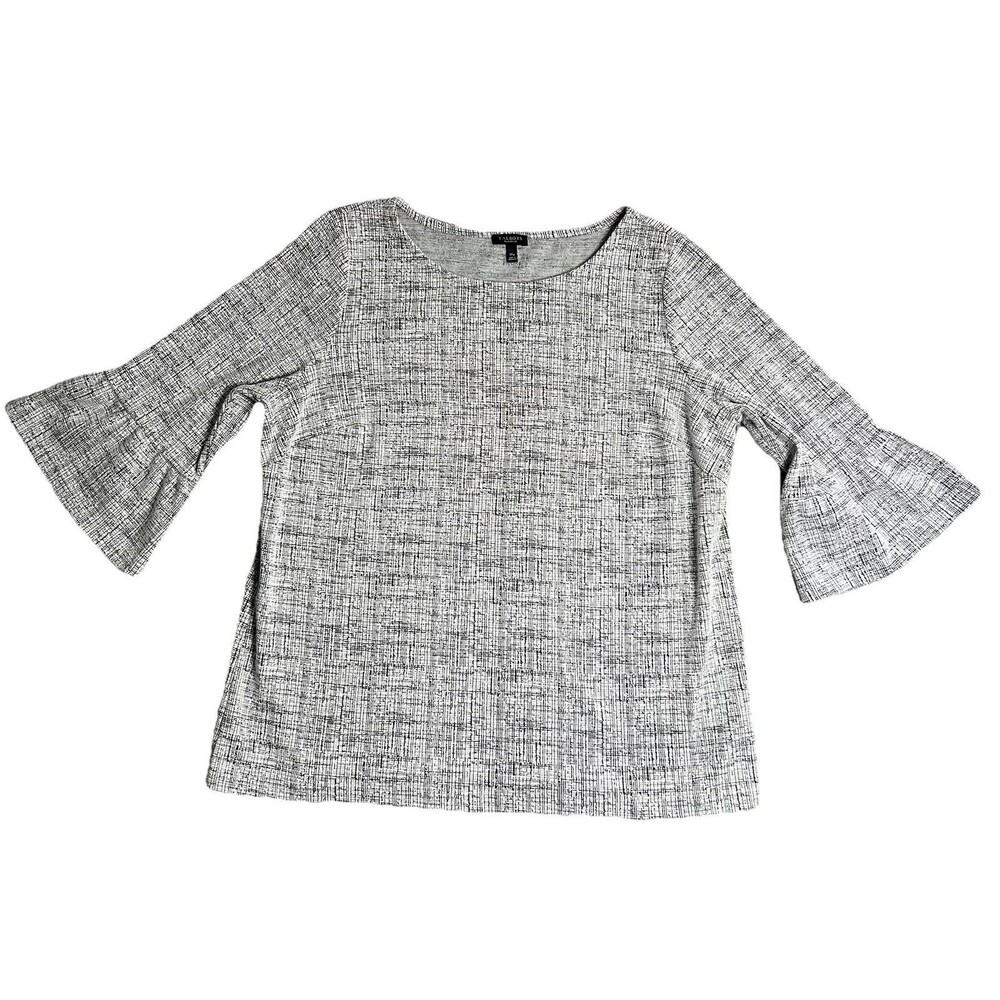 Talbots Plus Petite 1XP Black White Crosshatch Bell Sleeve‎ Knit Top Scoop Neck